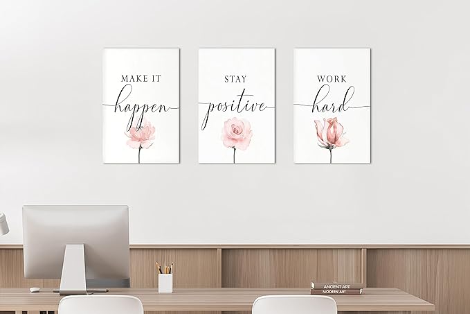 3 Piece Motivational Quotes Wall Art, Flowers Print Pictures Wall Decor, Women Inspirational Framed Artwork Home Office Decor 12"x18" x 3 Pcs