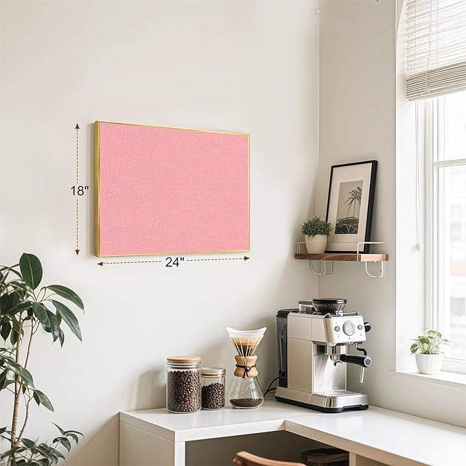 Linen Bulletin Board 24 x18 Inches, Cork Board for Wall with Gold Aluminum Frame, Fabric Pin Board Tack Board for Home Office Room Decor, 10 Push Pins, Pink Linen