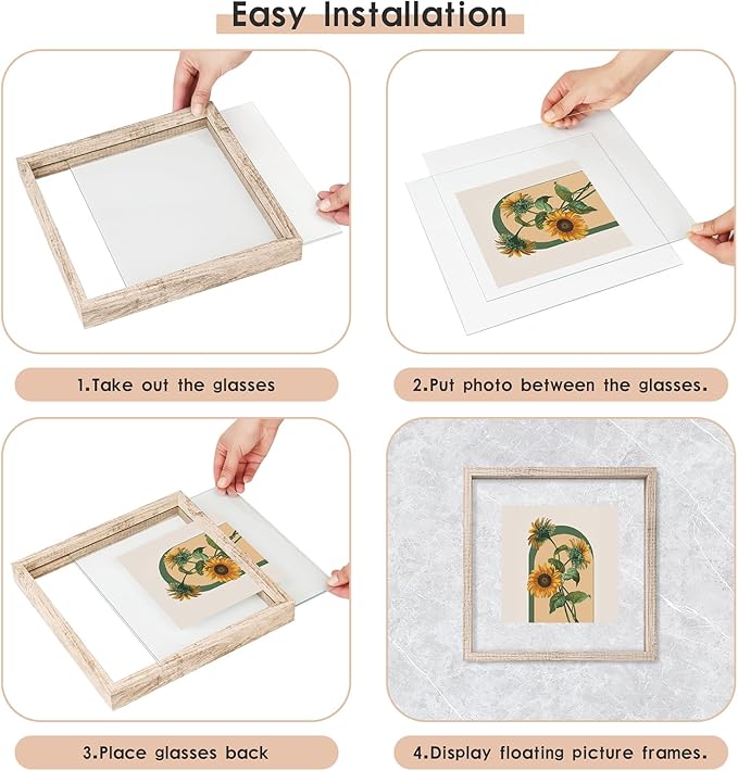 MUYE 11x14 Floating Frames Distressed Beige White Wood Pattern,Double Glass Picture Frame Set of 2 Display Any Size Photo up to 11x14,Wall Mount or Tabletop