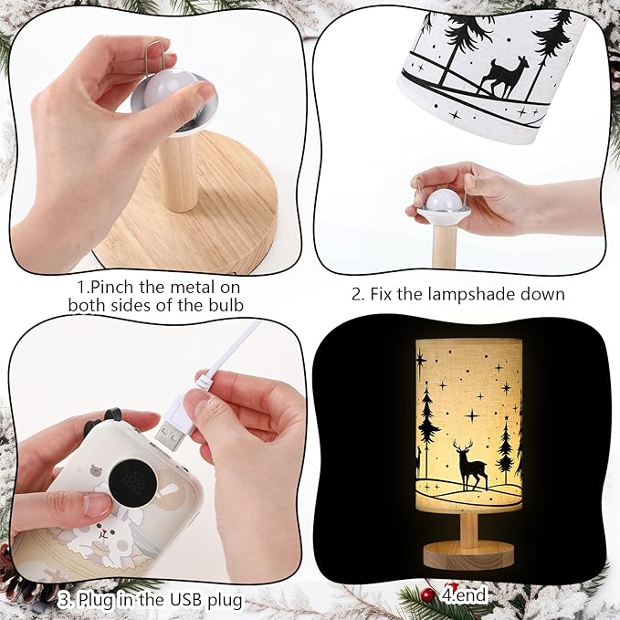 Christmas Lamp Christmas Decorations Indoor 11.6 Inch Small Xmas Tree Deer Bedside Table Light LED Desk Light USB Nightstand Lamp with Non Slip Wood Base Lampshade for Gifts Home Desk