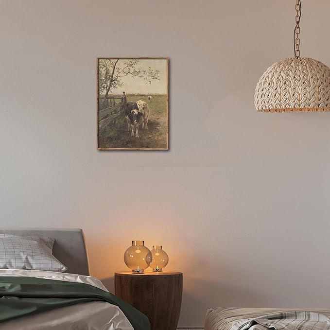 Kizbok Vintage Wall Art Print - Retro Rustic Country Spring Landscape Canvas Oil Painting, Antique Cow Farm Animal Poster for Vintage Room Decor, Cozy Bedroom & Bathroom Decor (8" x 10" - UNFRAMED)