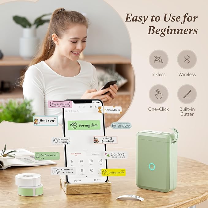 NIIMBOT Label Maker Machine D110 Label Printer Portable Wireless Connection Multiple Templates Available for Phone Easy to Use for Office Home Organization Rechargeable Green