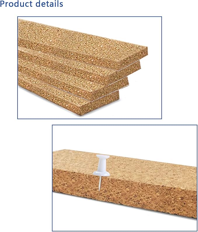 Cork Bulletin Board,5 Pcs Rectangular Frameless Multipurpose Cork Batten Strips for Office, School,Home Memo or Decoration, 2x15 inches,with 35 Pushpins Cork Board Strips for Walls Self Adhesive