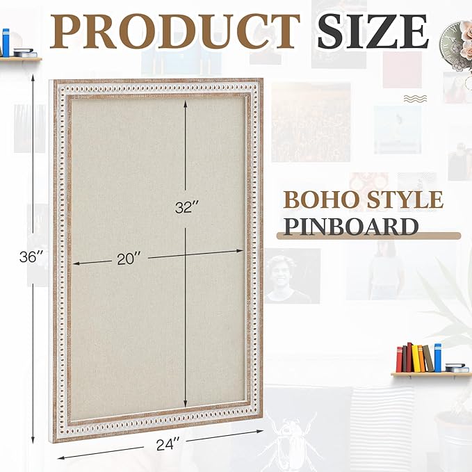 Vintage Framed Pin Board Linen Display Bulletin Board Large Cork Fabric Picture Photo Pinboard Memo Ornate Decorative Pinboard Ornate for Wall Gift(Rectangle,24" X 36",Retro White)