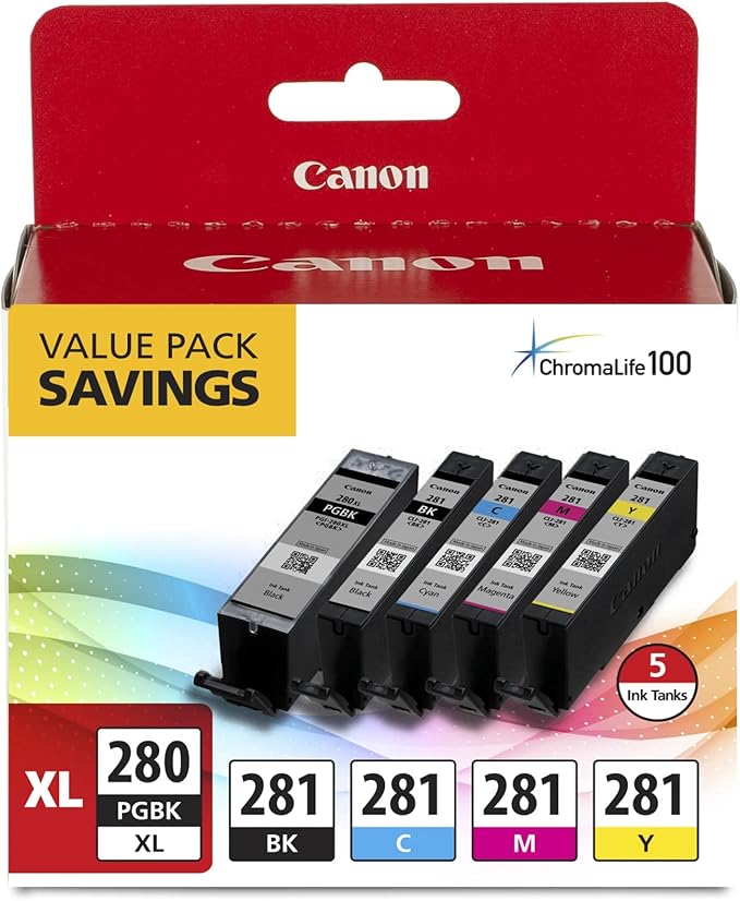 Canon TR8620a All-in-One Printer Home Office | Copier, Black & Ink 1432C002 Photo Paper Plus Glossy II 5" x 7" 20 Sheets & PGI-280XL/CLI-281 5 Color Pack