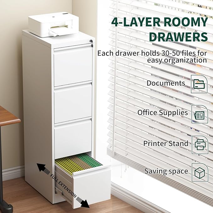 4 Drawer File Cabinet with Lock, Vertical Filing Cabinets for Home Office, Metal Locking File Cabinet Hanging Files for A4/ Legal/Letter Size, Require Assembly, White