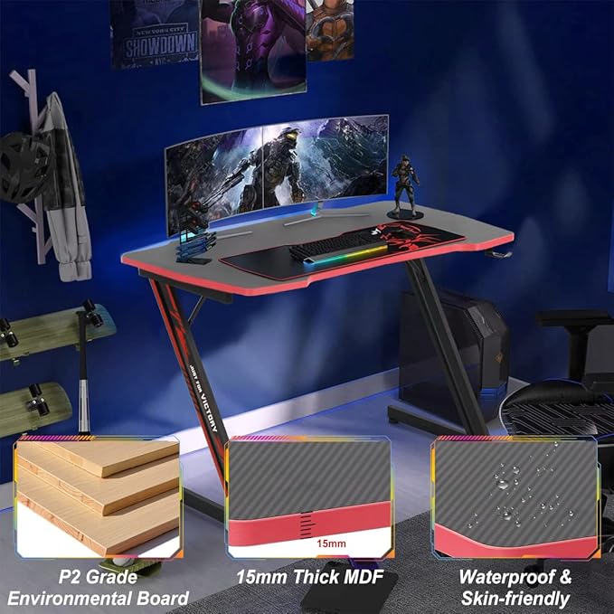 Gaming Desk 47 Inch Z-Shaped Computer Desk Modern Ergonomic PC Computer Table Home Office Desk Racing Style Gaming Workstation with Headphone Hook, Red