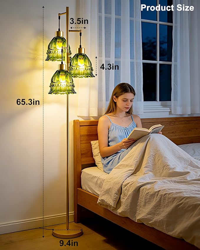 Lightdot 3-Lights Glass Floor Lamp Dimmable Gold Floor Lamp with Green Glass Shade 3000K Bulbs Included Unique Modern Standing Tall Lamp for Living Room/Bedroom/Sofa Beside/Corner Decor