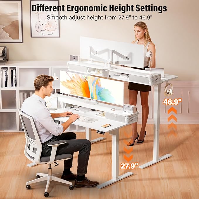 Kingant 35 x 20 Inch Small Electric Standing Desk with Dual Drawers, Height Adjustable Sit to Stand Computer Desk with Storage Shelf and C-Clamp Mount Compatibility for Home Office, White