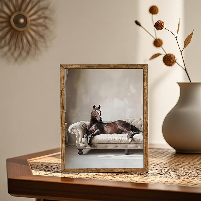 AVECCO Framed Funny Elegant Vintage Canvas Horse Wall Art, Western Brown Horse on Sofa Pictures Wall Decor, Unique Animal Art Prints for Bathroom Bedroom Living Room Office Home Decoration 8x10 Inch