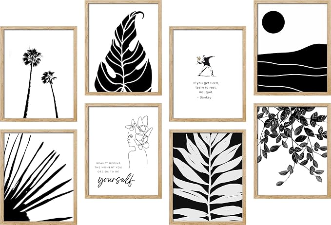 SIGNWIN Framed Poster Bathroom Decor 11"x14"x 8 Natural, Wall Art Room Decor Multicolor for Living Room, Bedroom, Office Black White Duotone Tropical Palm Landscape Nature Abstract Shapes