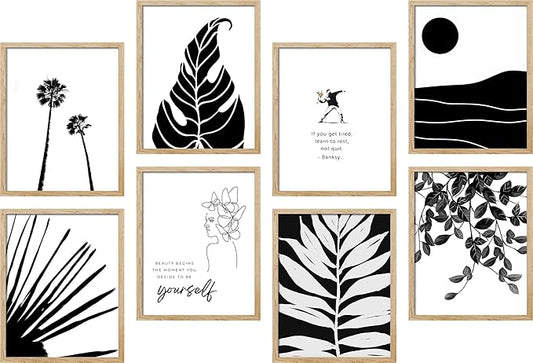 SIGNWIN Framed Poster Bathroom Decor 11"x14"x 8 Natural, Wall Art Room Decor Multicolor for Living Room, Bedroom, Office Black White Duotone Tropical Palm Landscape Nature Abstract Shapes