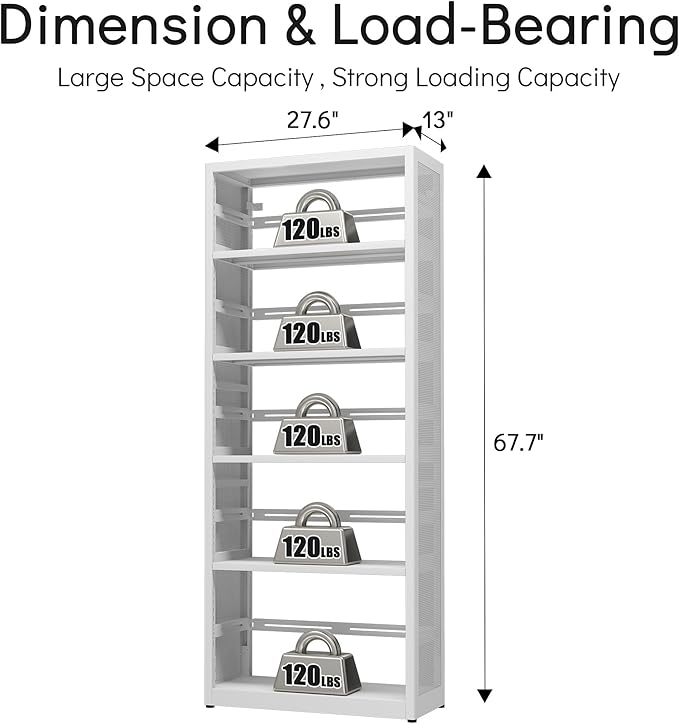 [Heavy Duty] Metal 5 Tier Bookshelf, 68" Tall Bookcase, Large Open Storage Shelf, Floor Standing Bookshelves and Bookcases for Home Office, Library, Living Room, Bedroom, White, Assemble Required