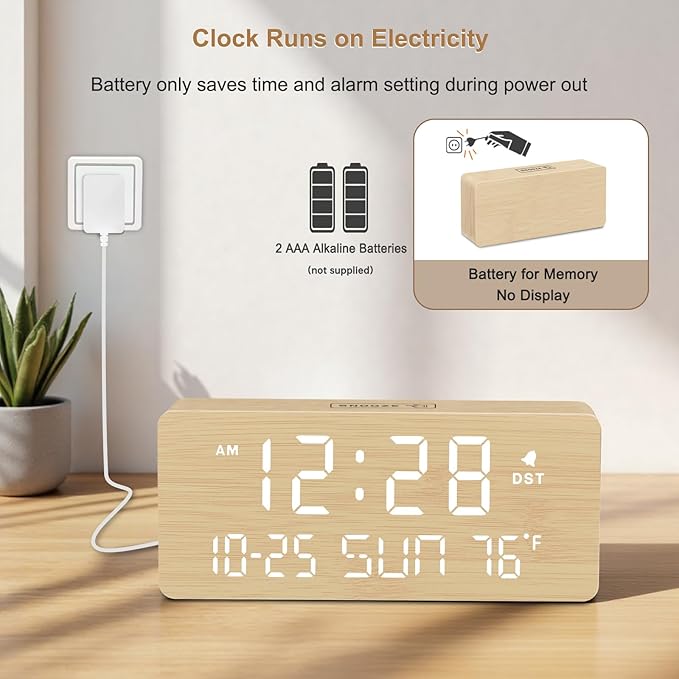 DreamSky Wooden Digital Alarm Clocks for Bedrooms - Living Room Desk Clock with Date and Day of Week, Temperature, USB Port, Dimmer Wheel, Adjustable Volume, Auto DST, Wood Decor for Office Table