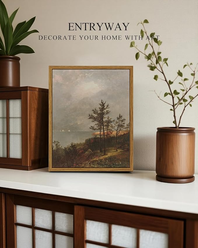 InSimSea Framed Canvas Print Art, Vintage Lakeside Pine Forest Landscape Painting, Rustic Farmhouse Cottage Decor for Hallway Wall Floating Shelf Desk Vanity Fireplace,10x8in, Neutral Tones