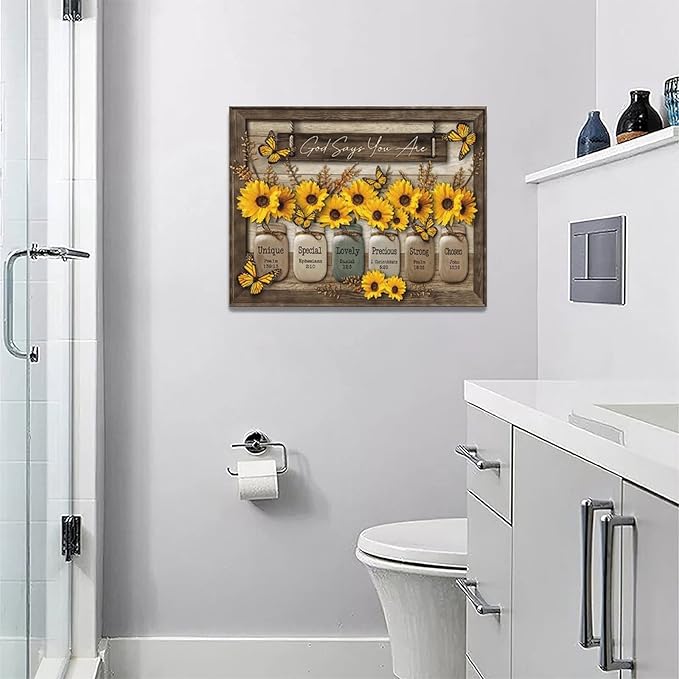 Christian Sunflower Wall Art Rustic Butterfly Bible Verse Pictures Wall Decor Country God Says You Are Canvas Painting Modern Home Artwork Decoration for Bathroom Living Room Bedroom Office Framed