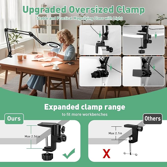 12X & 30X Magnifying Glass with Light, 3 Section Long Swing Arm LED Desk Lamp with Large Clamp, 5 Color and Brightness Magnifier Light for Workbench Crafts (12X&30X 35in Circular Button Clamp)