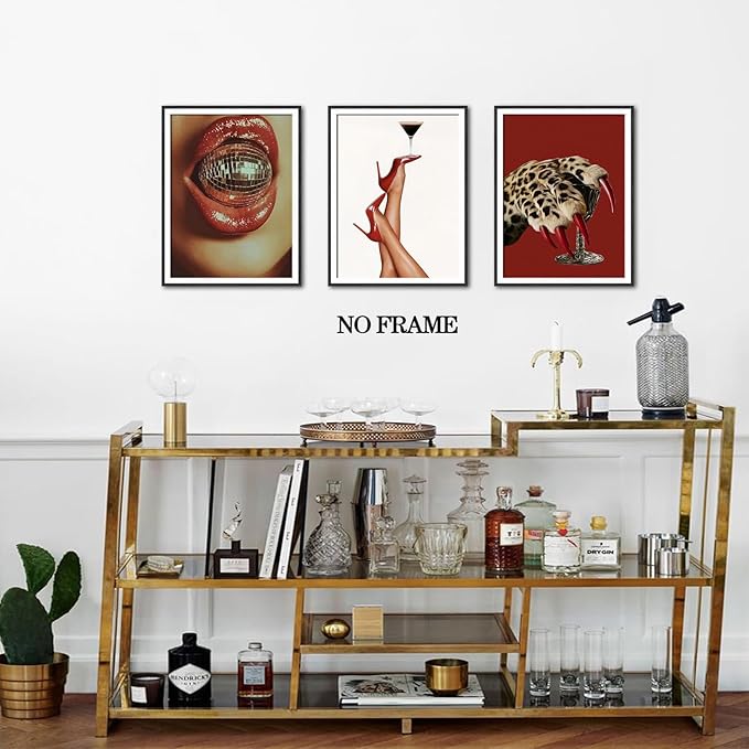 Trendy Leopard Wall Art Poster Set of 6, Red Funky Cheetah Martini Disco Ball Lip Pictures Wall Decor, Fashion Preppy Coquette Paintings Prints for Living Room Bedroom Dorm 8x10 inch Unframed