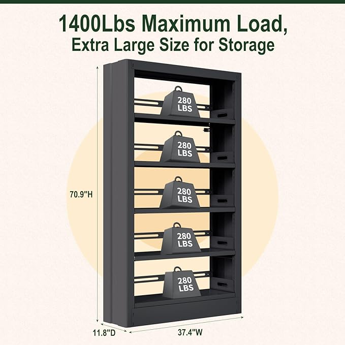 Metal Bookshelf, 5-Tier Bookcase with Adjustable Storage Shelf, 71" Tall Bookcases Heavy Duty bookcase with Bookends, Modern Bookshelf for Living Room, Library, Bedroom,Includes Book Stoppers-Black