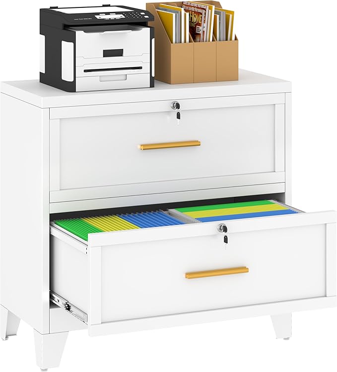 Metal Lateral File Cabinet with Lock,2 Drawer Steel Wide Filing Organization Storage Cabinets,Filing Cabinet for Legal/Letter/A4/F4 Size with Hanging Files&Key,Lockable Cabinet for Home Office,White