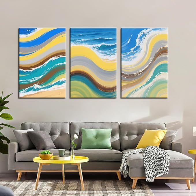 3 Separate Abstract Watercolor Aesthetic Wall Art Ocean Graffiti Poster Print Colorful Sandy Beaches for Office Home Office Parlour Living Room Decoration Stretched and Framed [72''Wx36''H]