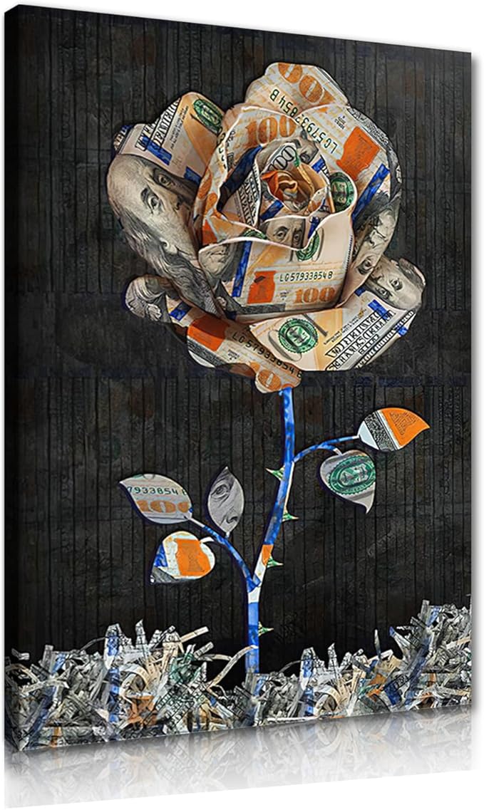 Money Rose Framed Canvas Wall Art Dollar Bill Flower Poster Floral Painting Inspirational Success Home Decor for Living Room Bedroom Man Cave Ready to Hang 24x36 inch
