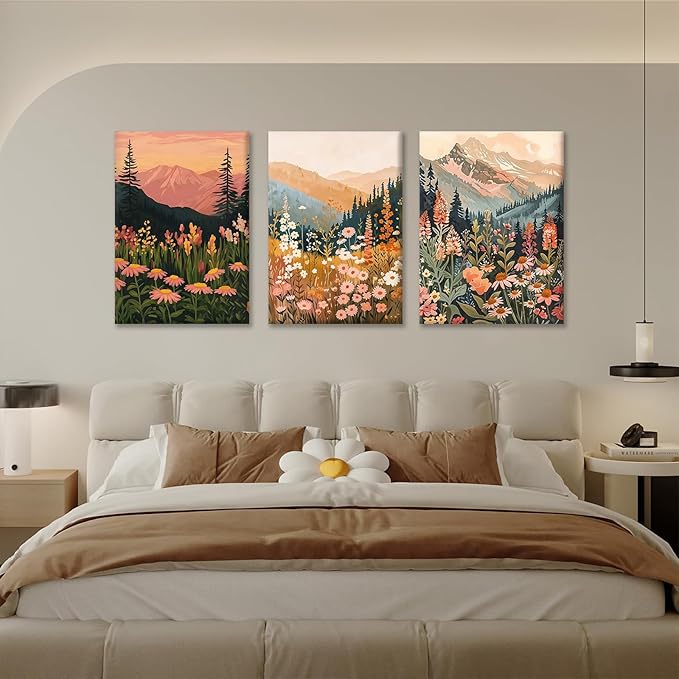 KBKBART Boho Colorful Landscape wall art Set of 3, Wildflower Mountain Wall Decor Vintage Floral Forest Paintings Rustic Nature Pictures Canvas Prints for Living Room Bedroom Dining Room 12x16 Inch