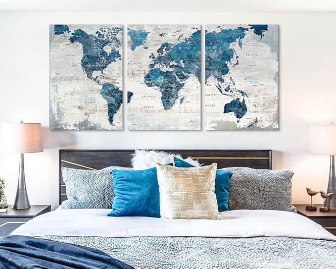 Wall Art Home Office Decor Map of The World Pictures for Living Room Extra Large Canvas Abstract Blue Bedroom Kitchen Dining Room Home Decor