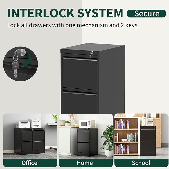 3 Drawer File Cabinet with Lock, Vertical Filing Cabinets for Home Office, Locking File Cabinet Hanging Files for A4/ Legal/Letter, Require Assembly, Black