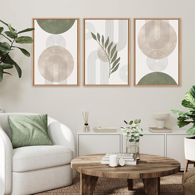 HPINUB Sage Green Boho Framed Canvas Wall Art Set, Minimalist Beige Green Botanical Wall Decor, Abstract Geometric Line Leaf Canvas Painting for Living Room, Dining Room, Office Decor-24 x36 x3