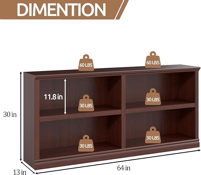 blini Low Horizontal Bookshelf Double Wide 64" 2-Tier Bookcase 4 Cube Storage Organizer Cherry Wood Bookcases for Bedroom and Home Office Decor Display