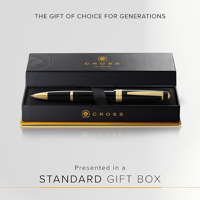 Cross Bailey Light Polished Black Resin and Gold Tone Rollerball Pen - Professional Pen for Effortless Writing - Journaling, Note-Taking & More - Black Ink - Easy Handling - Includes Gift Box