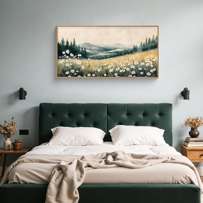 BICERE Large Misty Mountain Framed Canvas Wall Art,Nature Daisy Flower Wall Decor,Modern Foggy Forest Art Painting,Abstract Woodland Landscape Artwork for Living Room,Bedroom,Dining Room-20"x40"x1