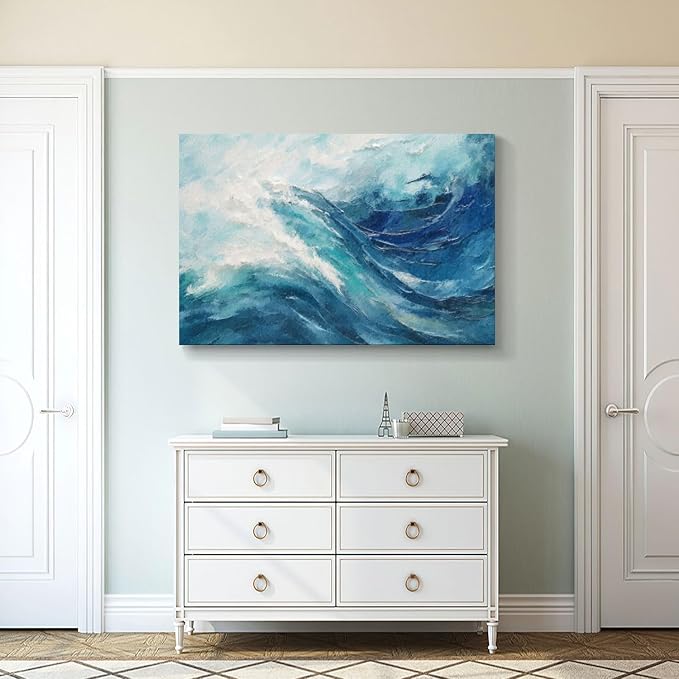 gaosoul Canvas Print Modern Abstract Ocean Paintings Blue and White Wall Art Poster or Living Room Bedroom Hallway Office Decoration 48x32in