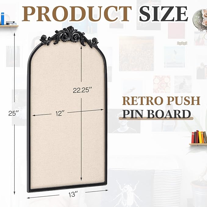 Vintage Framed Pin Board Linen Display Bulletin Board Large Cork Fabric Picture Photo Pinboard Memo Ornate Decorative Pinboard Ornate for Wall Gift(Arch,13" X 25",Retro Black)