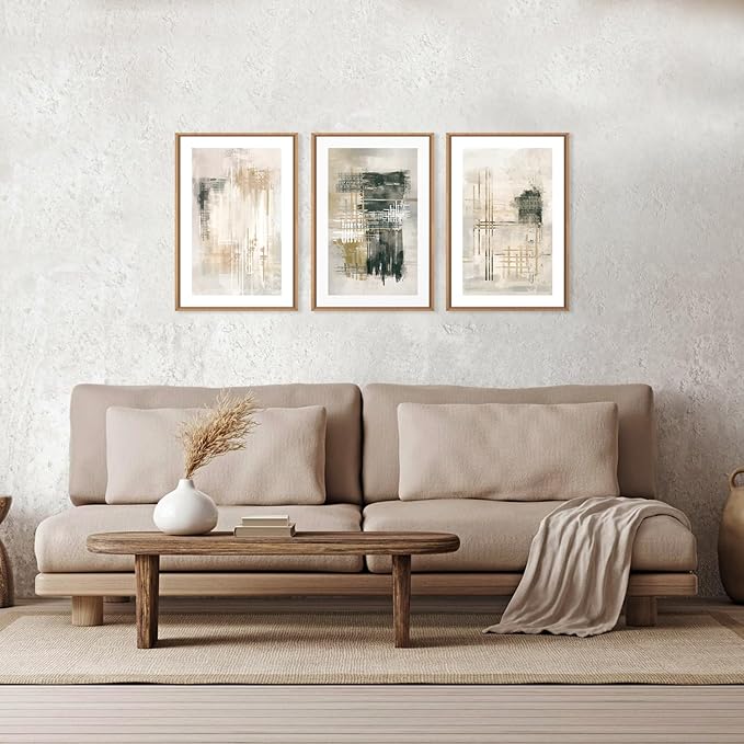 Ausril Modern Abstract Canvas Wall Art Set of 3, Framed Textured Stroke Art Prints, Minimalist Neutral Artwork, Beige Black White Painting, 16x24 Inch Wall Decor for Living Room, Bedroom, Office
