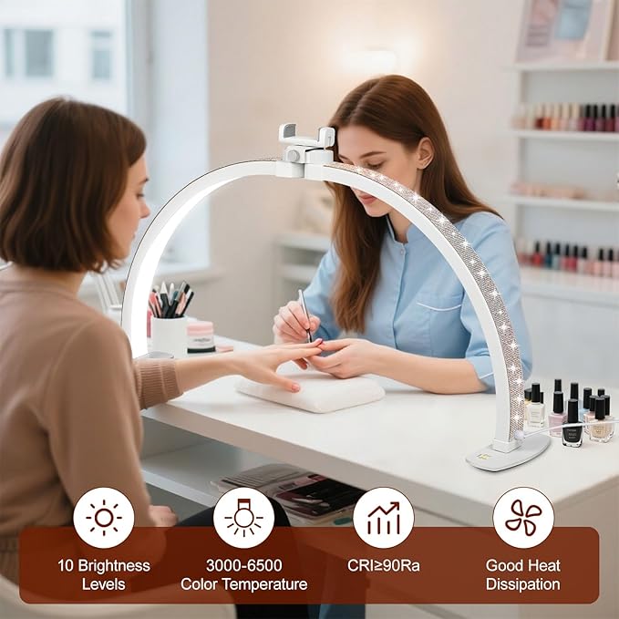 FAHKNS 29IN Half Moon Light for Nail Desk, Desk-top Nail Lamp with Sparkling Rhinestones, Folfing Lamp with Phone Holder, Manicure, Diamond Painting, Sewing, 10 Brightness Levels