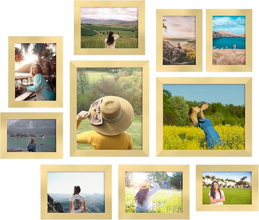 iRahmen Collage Picture Frames Set of 10, Wall Decor for Mounting or Tabletop Display, Family Photo Gallery Frame Set - Multi Sizes Including Two 8x10, Four 5x7, Four 4x6, HD Glass, Wooden, Gold