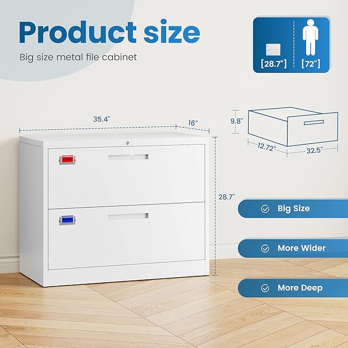 2 Drawer File Cabinet, Lateral Filing Cabinets for Home Office, Office Storage Drawers with Lock, Hanging Files Legal/Letter A4 Size (Assemble Required,White)