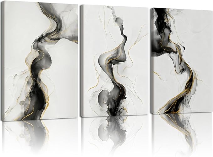 NCCXNCC 3-Pcs Black and White Abstract Canvas Wall Art Modern Black and White Gold Line Wall Decor Painting Fluid Ink Minimalist Style Poster Print Suitable for Living Room Bedroom 12x16 Inch Framed