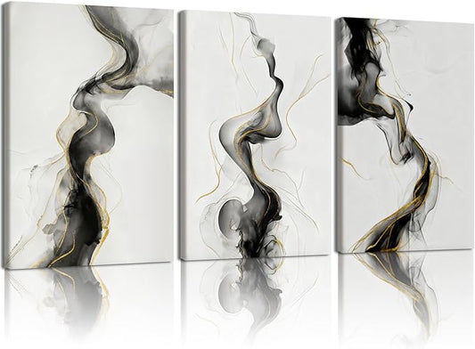 NCCXNCC 3-Pcs Black and White Abstract Canvas Wall Art Modern Black and White Gold Line Wall Decor Painting Fluid Ink Minimalist Style Poster Print Suitable for Living Room Bedroom 16x24 Inch Framed