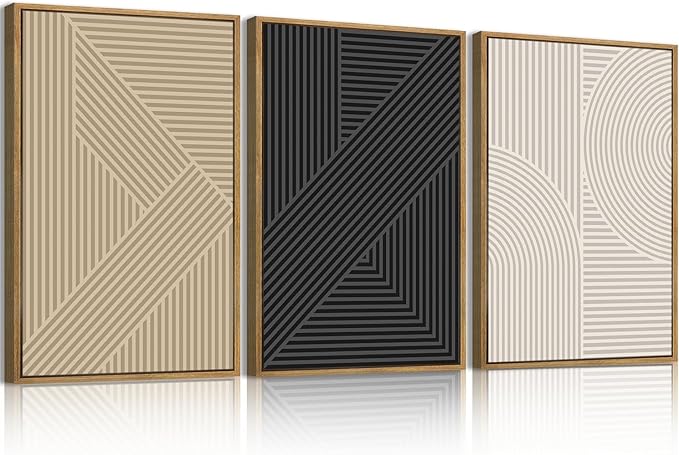 BINCUE Large Neutral Abstract Wall Art Decor Framed,Mid Century Modern Canvas Arts,Boho Wall Paintings Minimalist,Beige Geometric Artwork for Home Living Room Bedroom Bathroom 36x24 Inch Set of 3