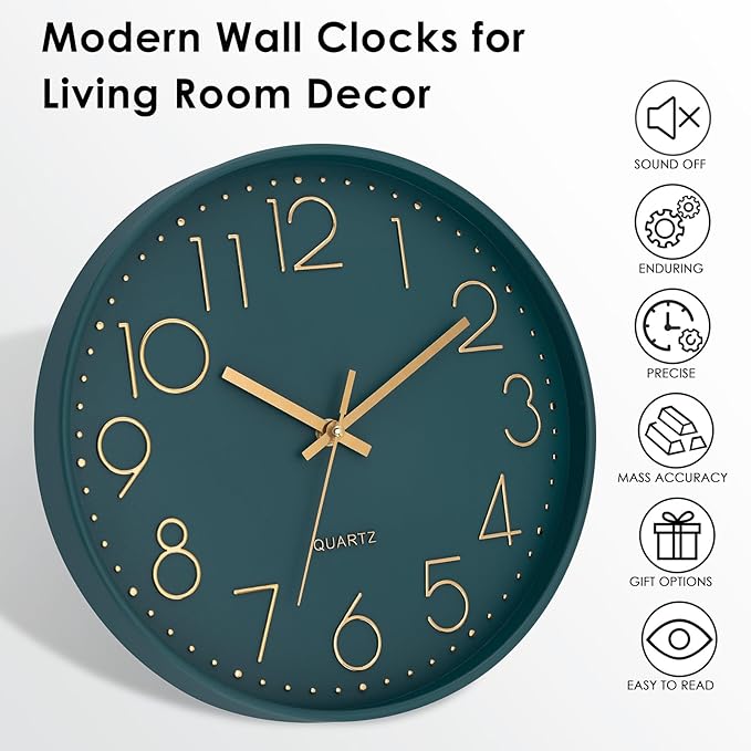 Lumuasky Wall Clock,Battery Operated Modern Analog Silent Non-Ticking Decorative Emerald Clock for School Office Classroom Bedroom Kitchen Living Room Nursery Decor (12 inch)
