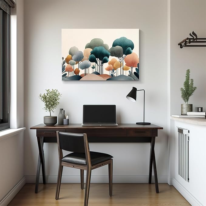 gaosoul Modern Abstract Canvas Wall Art Oil Painting Giclee Print of Geometric Forest in Teal Pink Amber with Black Trunks Serene Beige Background for Living Room Bedroom Decor Framed 24x16in