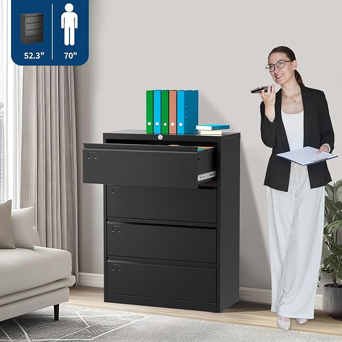 4-Drawer Lateral File Cabinet with Lock, 52"H Metal Filing Cabinet for Home Office & Business Use – for Letter, Legal, A4, F4 Files, 320 LB Weight Capacity,Easy to Assemble (Black, 4 Drawer)