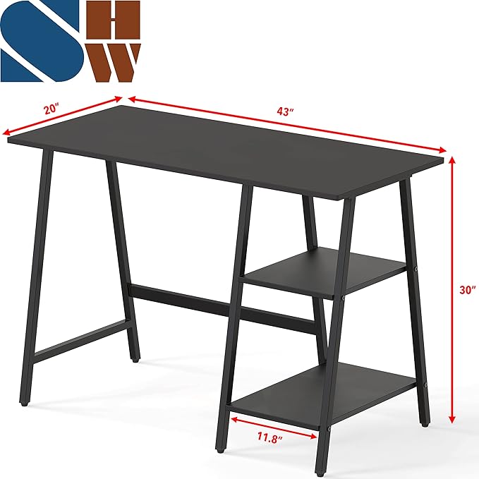 SHW 43-Inch Home Office Trestle Computer Desk with Open Storage Shelves, Black
