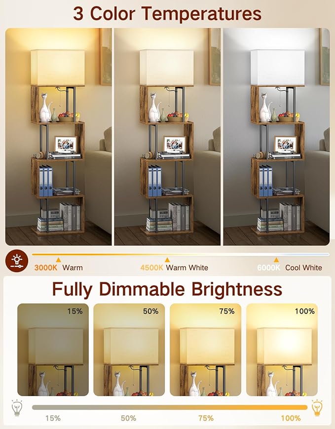 5-Tier Floor Lamp with Shelves & Remote, Dimmable S-Shaped Bookshelf with 3 Color Temperature, 1-Hour Timer, Tall Corner Standing Lamp for Living Room, Bedroom, Office (Rustic Brown)