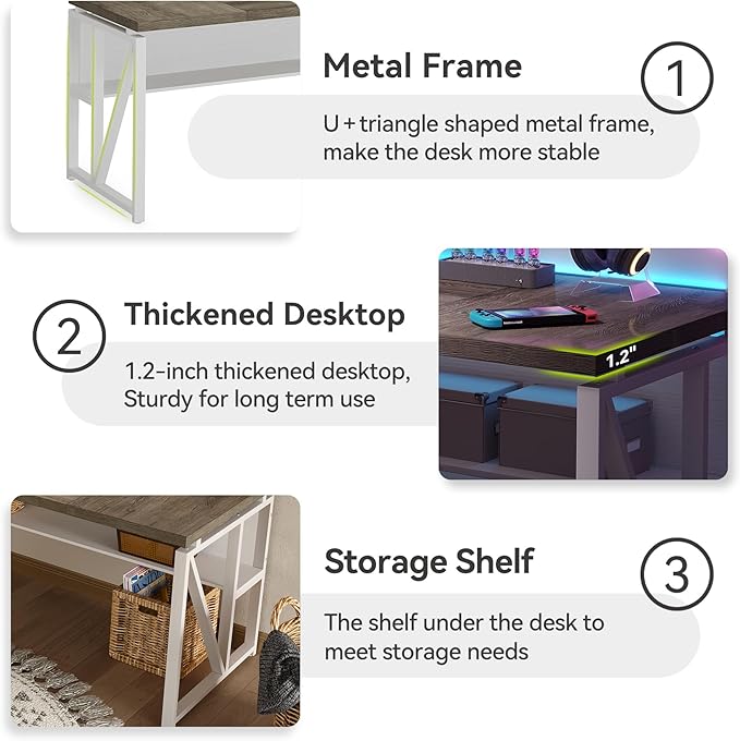 LITTLE TREE 63-Inch Executive Office Desk, Large Computer Desk with Storage Shelf, Executive Desk with Metal Frame, Thickened Desktop, Study Writing Desk Work Station for Home Office, Grey + White