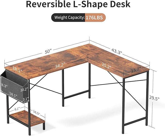 Simple Deluxe L Shaped Desk Gaming Computer 50 Inch Reversible Corner Table PC Work Table for Writing Study Student with Wood Tabletop Metal Frame CPU Stand Side Bag for Home Office Small Place