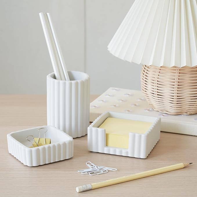 KIBAGA Modern Aesthetic Desk Accessories Set of 3 - Stylish Concrete Organizers for Pens & Office Supplies - A Cute and Functional Addition to Your Workspace Decor